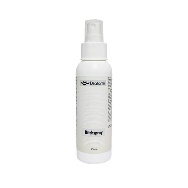 Bote de spray anti olor de celo para perros Diafarm de 100 ml con envase blanco y pulverizador