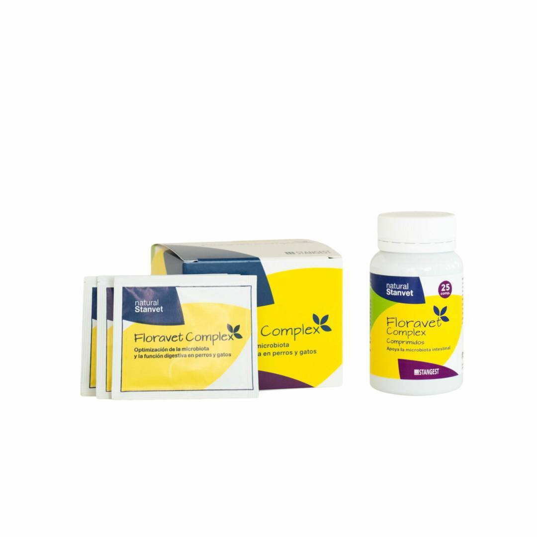 Envase de Floravet Complex de Stangest con caja, sobres y frasco de 25 comprimidos para salud digestiva de perros y gatos
