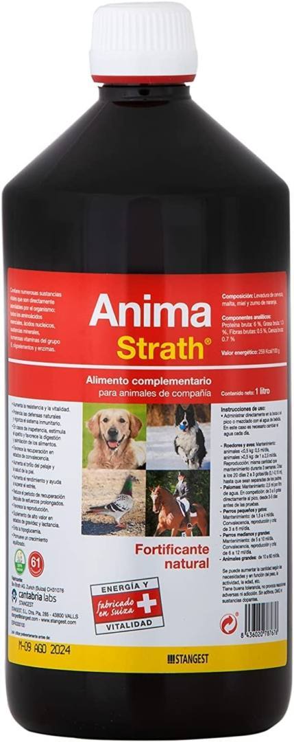 Envase de 1 litro de Anima-Strath Stangest, suplemento nutricional fortificante natural para perros, gatos y caballos