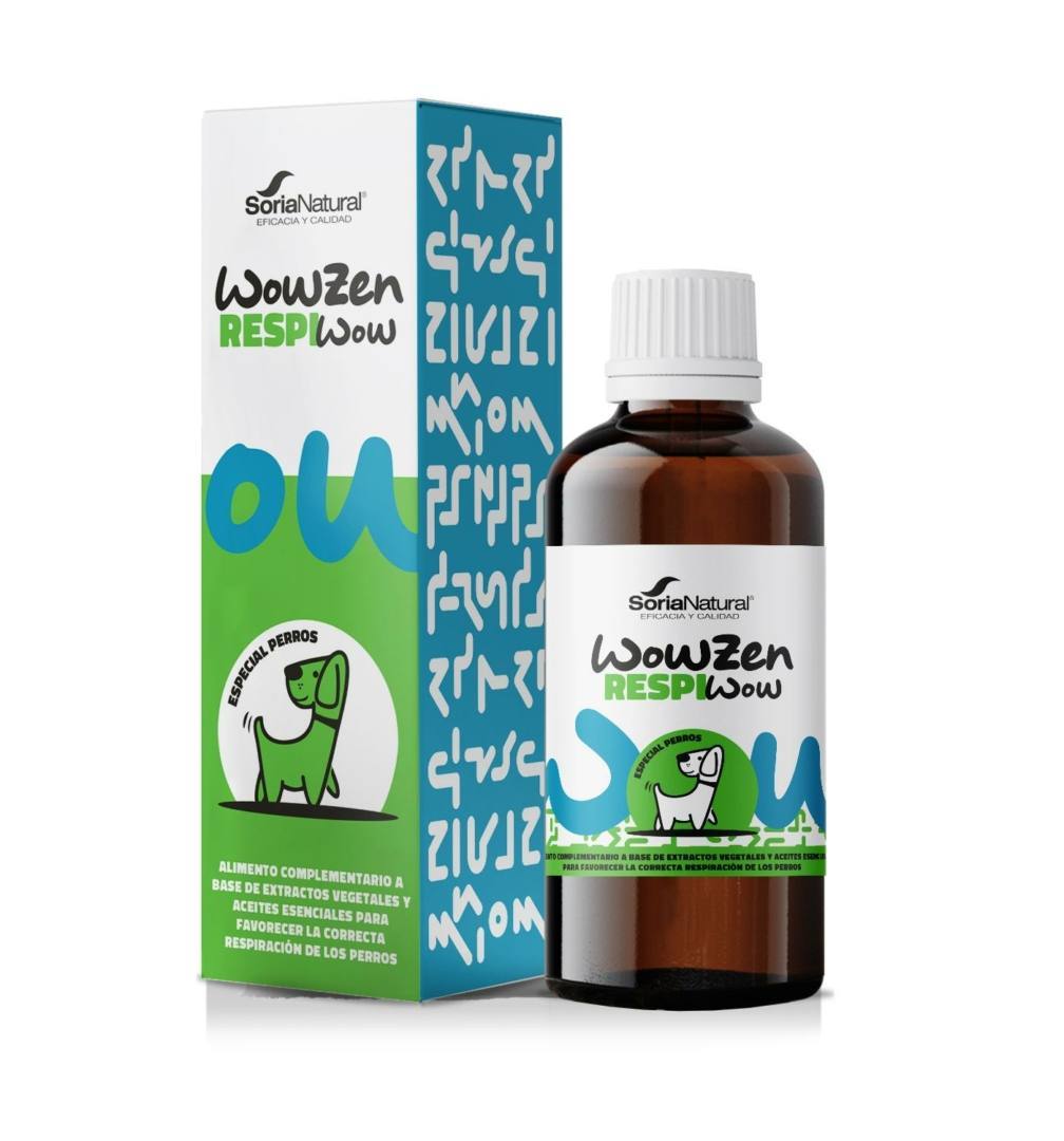 Suplemento respiratorio Respiwow de Soria Natural para perros en frasco de cristal y caja verde y azul