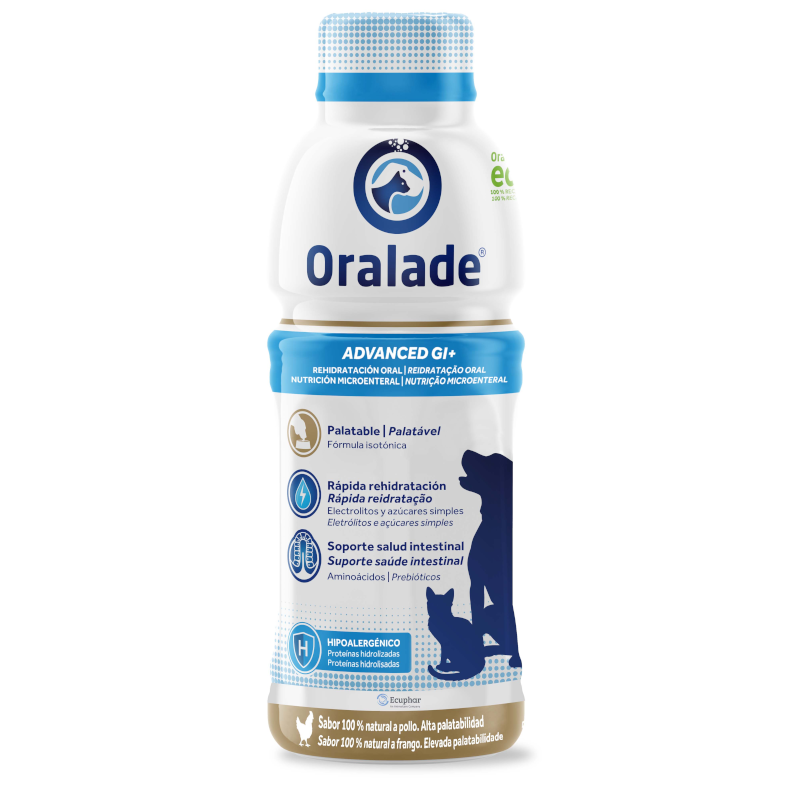 Botella de Oralade Advanced GI+ para rehidratación oral de perros y gatos con sabor a pollo